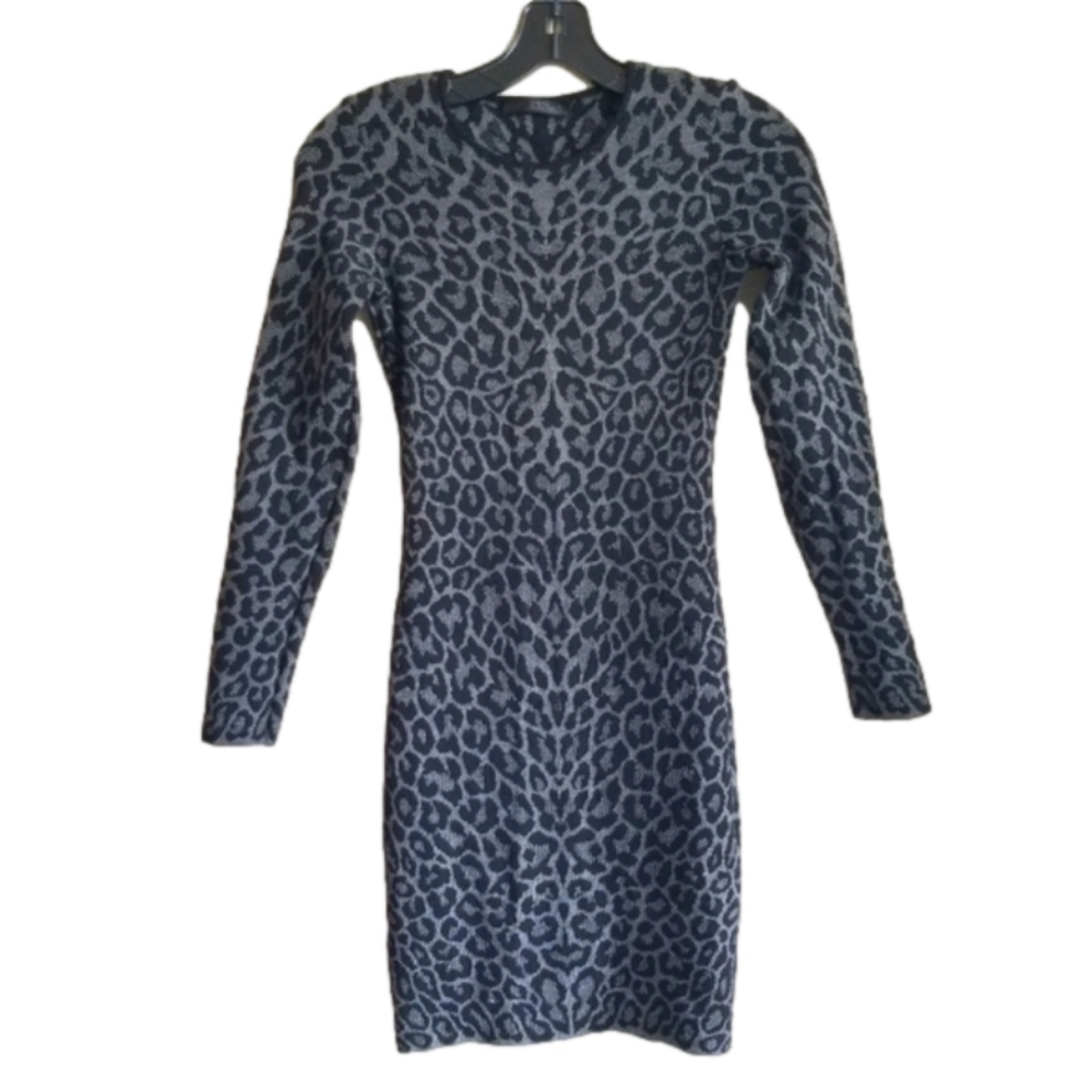 RVN Leopard Pattern Bodycon Long Sleeve Jacquard Mini length Dress Size XS